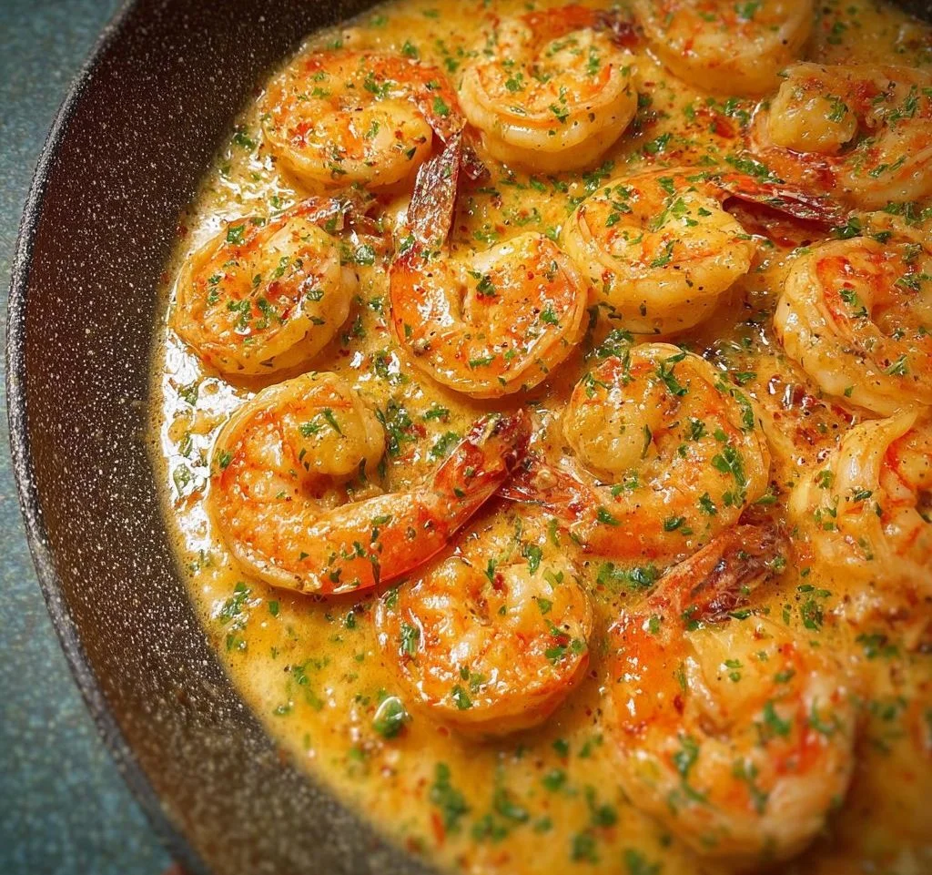 Creamy garlic shrimp dish garnished with herbs and served in a pan.