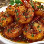 Plate of crispy honey-glazed shrimp garnished with herbs.