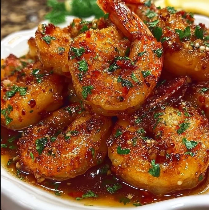 Plate of crispy honey-glazed shrimp garnished with herbs.