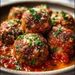 Plate of easy Italian baked meatballs garnished with herbs