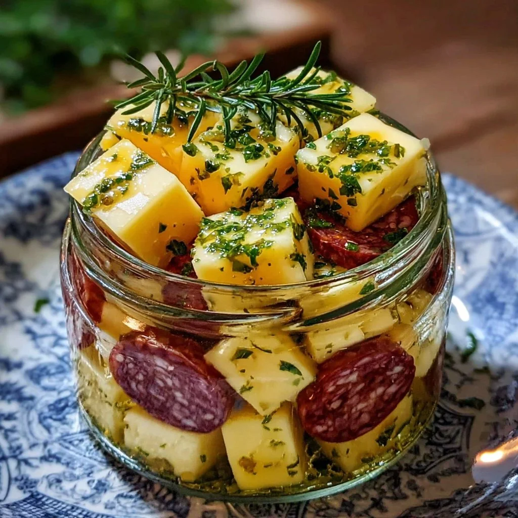 Delicious marinated cheese appetizer served with herbs and spices