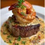 Filet Mignon served with shrimp and lobster cream sauce on a plate