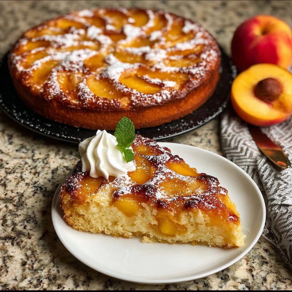 Delicious Fresh Peach Cake with ripe peaches on top