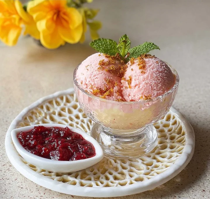 Delicious frozen fruit coconut milk dessert topped with fresh fruits.