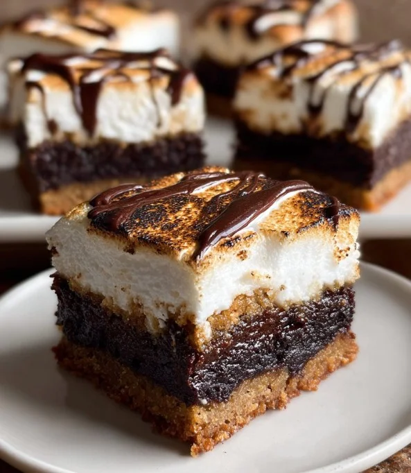Fudgy s'mores brownies topped with marshmallows and graham crackers