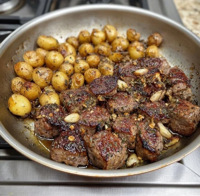 Garlic Herb Ribeye Steak served with crispy potatoes on a plate