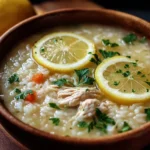 Bowl of Greek Chicken and Lemon Rice Soup garnished with parsley