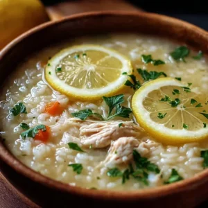 Bowl of Greek Chicken and Lemon Rice Soup garnished with parsley