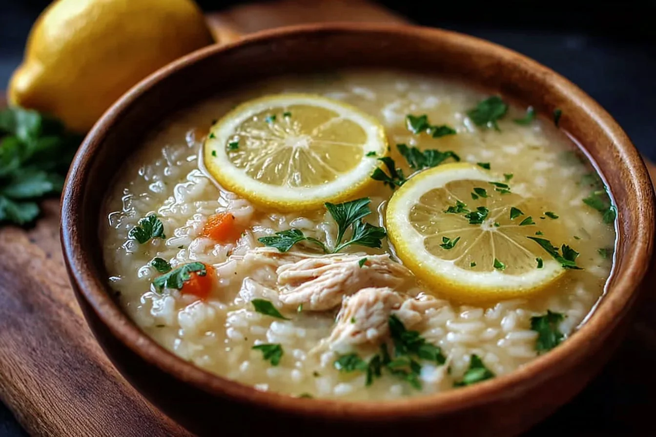 Bowl of Greek Chicken and Lemon Rice Soup garnished with parsley