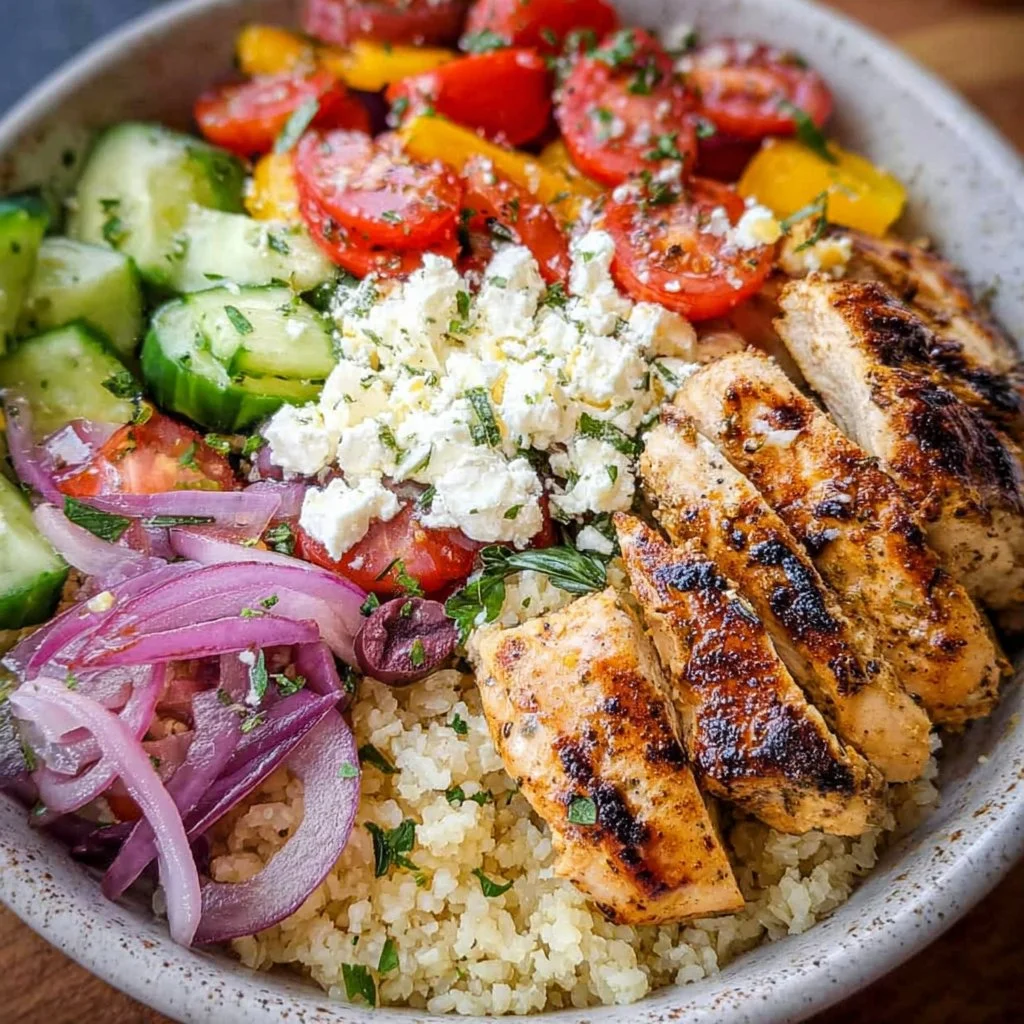 Greek Chicken Bowl with fresh veggies and flavorful sauce