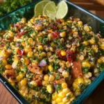 Colorful grilled corn salad with fresh vegetables and herbs
