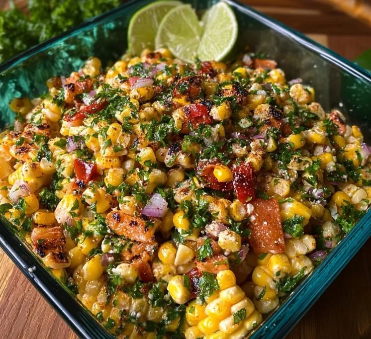 Colorful grilled corn salad with fresh vegetables and herbs