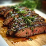 Grilled flank steak marinated in balsamic soy sauce, garnished and plated.
