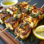 Grilled halloumi skewers with lemon and thyme ready to serve