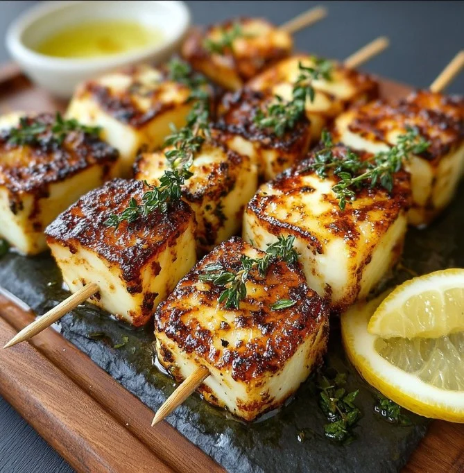 Grilled halloumi skewers with lemon and thyme ready to serve