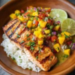 Grilled salmon with mango salsa and coconut rice on a plate