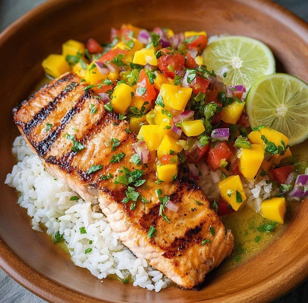 Grilled salmon with mango salsa and coconut rice on a plate