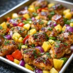 Hawaiian chicken sheet pan meal with vegetables and pineapple