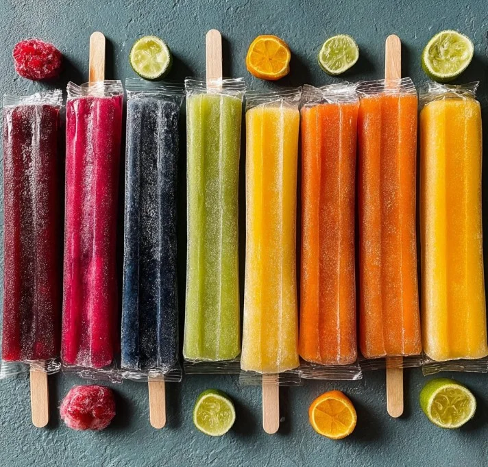 Colorful homemade freeze pops in various flavors for a cool summer treat