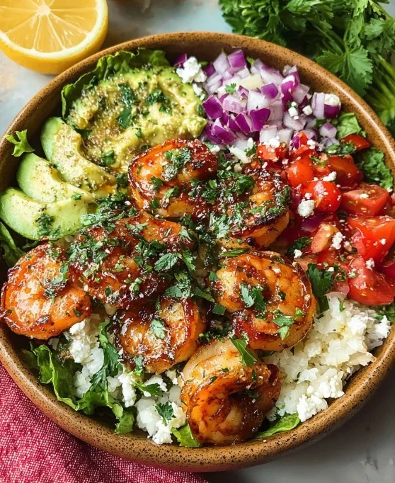 A vibrant Honey Harissa Shrimp Bowl topped with fresh herbs and vegetables.