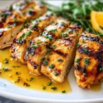 Delicious honey mustard grilled chicken served on a plate with fresh herbs.