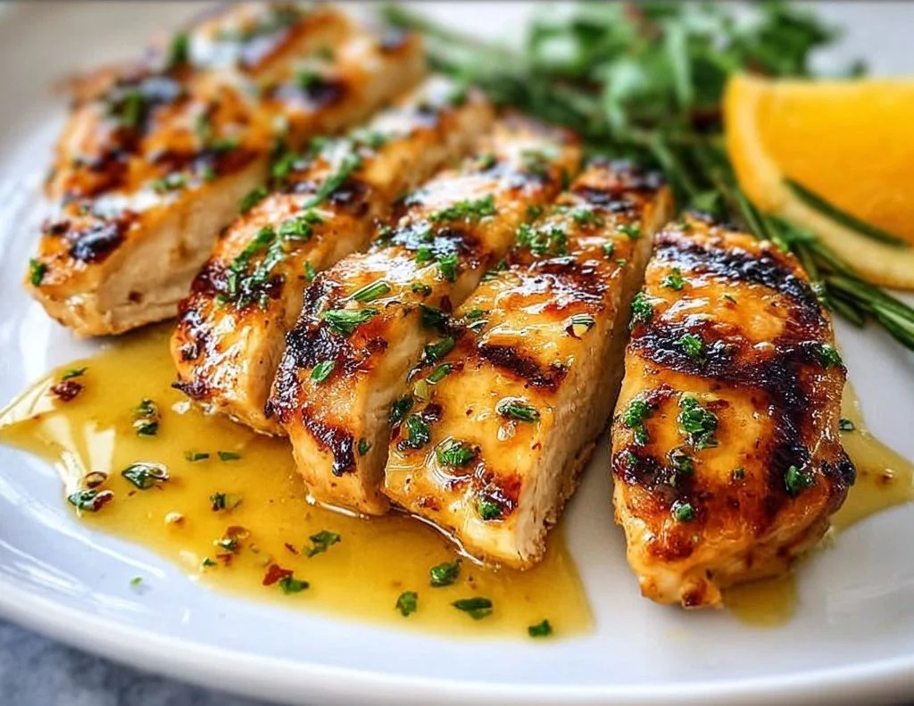 Delicious honey mustard grilled chicken served on a plate with fresh herbs.