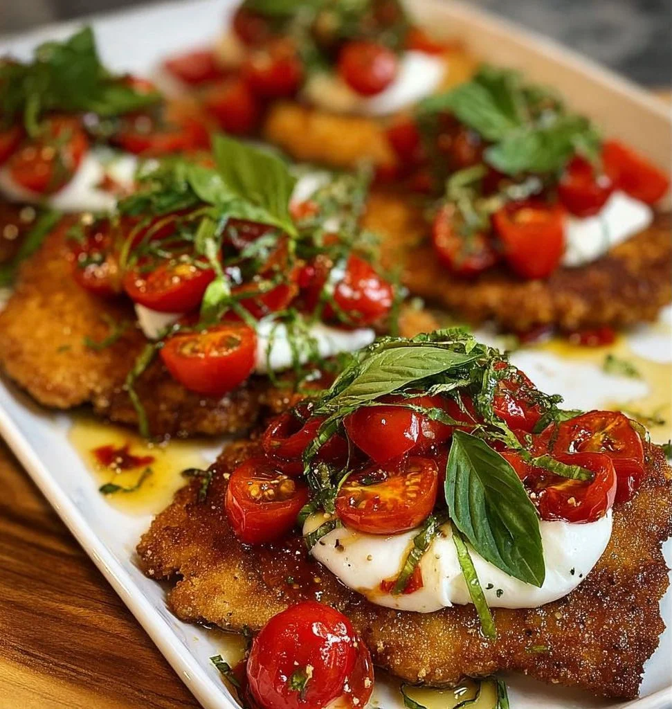 Italian Basil Chicken Cutlets with Tomato and Burrata Topping