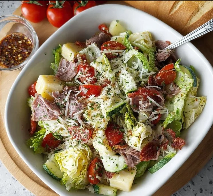 Colorful Italian Grinder Salad with fresh vegetables and meats on a plate