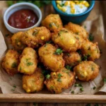 Plate of crispy Jalapeño Corn Nuggets served with dipping sauce