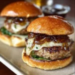 Juicy turkey burgers with balsamic caramelized onions and provolone cheese