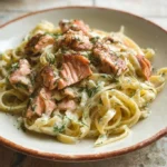 Plate of Lemon Dill Salmon Pasta garnished with fresh herbs and lemon slices