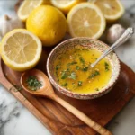 Fresh lemon vinaigrette dressing in a glass jar with salad ingredients