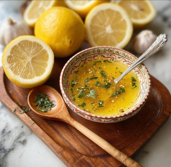 Fresh lemon vinaigrette dressing in a glass jar with salad ingredients
