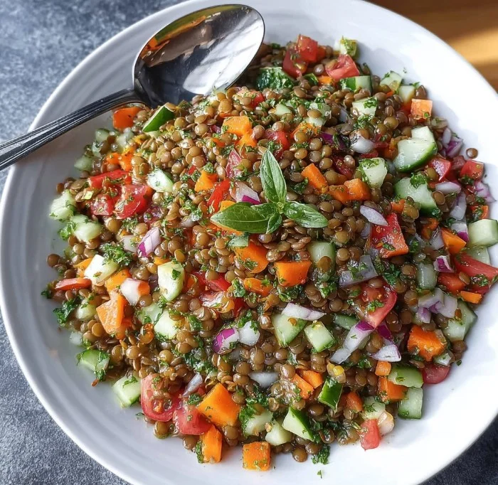 Healthy lentil salad recipe with fresh vegetables and dressing
