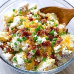 Delicious loaded baked potato salad topped with cheese, bacon, and green onions.