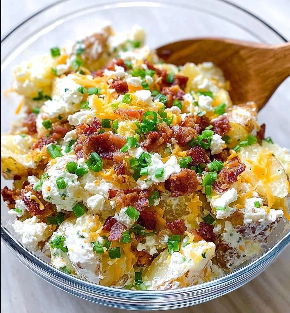 Delicious loaded baked potato salad topped with cheese, bacon, and green onions.