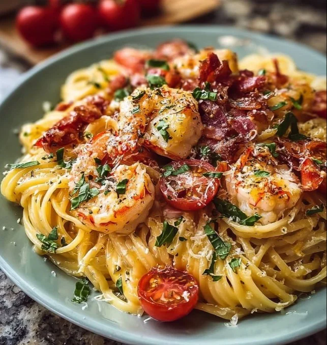 Delicious Lobster Pasta with prosciutto and tomato basil sauce