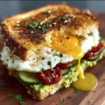 Colorful Mediterranean breakfast sandwich with fresh vegetables and feta cheese