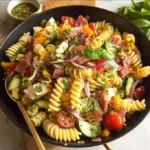 Bowl of Mediterranean Pasta Salad with colorful vegetables and herbs