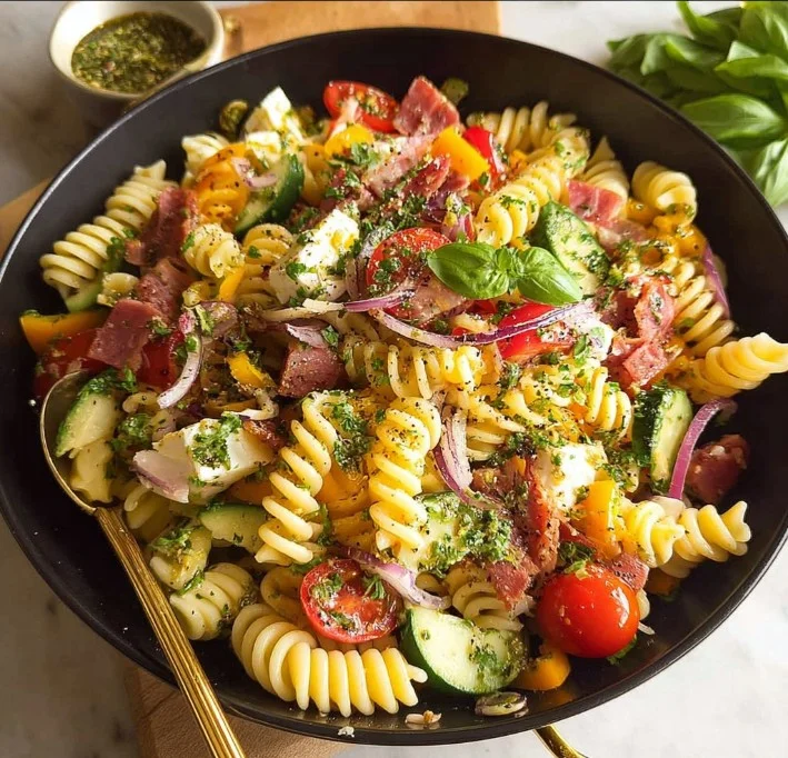 Bowl of Mediterranean Pasta Salad with colorful vegetables and herbs