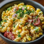 Mexican street corn pasta salad with colorful veggies and creamy dressing