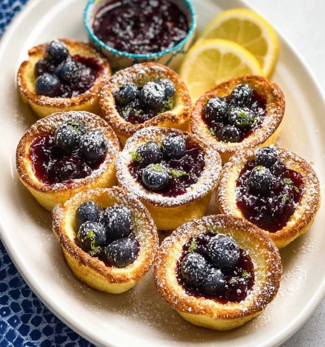 Mini Dutch Baby Pancakes garnished with blueberry lemon compote on a plate