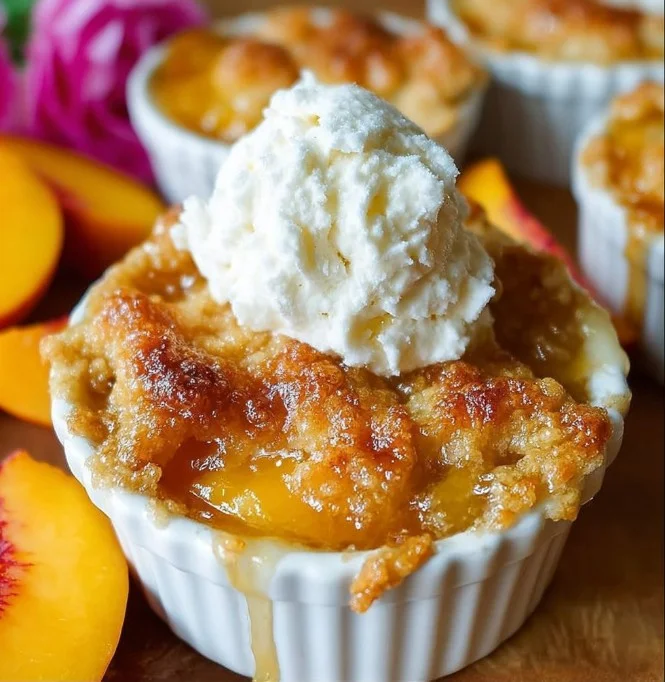 Delicious mini peach cobblers served in ramekins with fresh peaches and crumbly topping.
