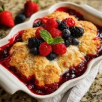 Delicious mixed berry cobbler fresh out of the oven with berries on top