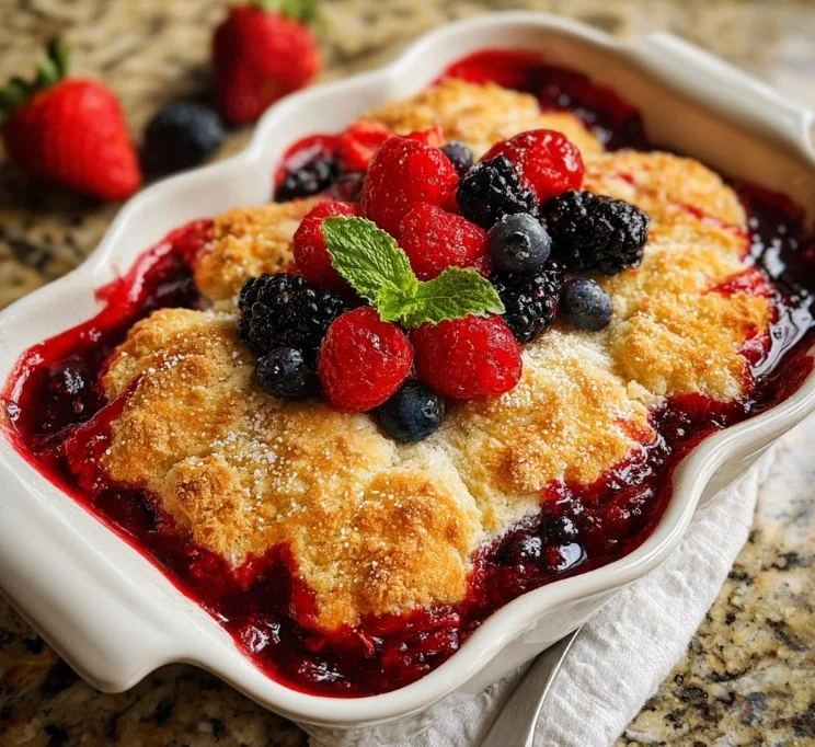 Delicious mixed berry cobbler fresh out of the oven with berries on top