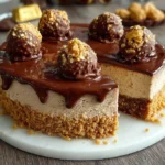 Delicious No-Bake Ferrero Rocher Cheesecake topped with hazelnuts and chocolate.