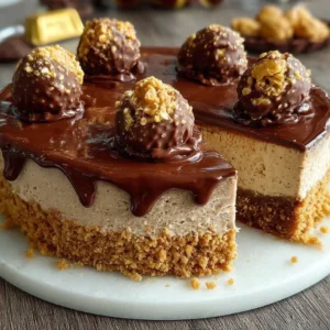 Delicious No-Bake Ferrero Rocher Cheesecake topped with hazelnuts and chocolate.
