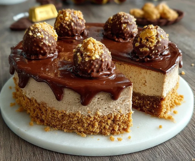 Delicious No-Bake Ferrero Rocher Cheesecake topped with hazelnuts and chocolate.