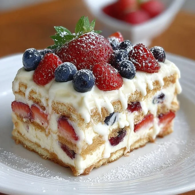 No bake summer berry icebox cake topped with fresh berries