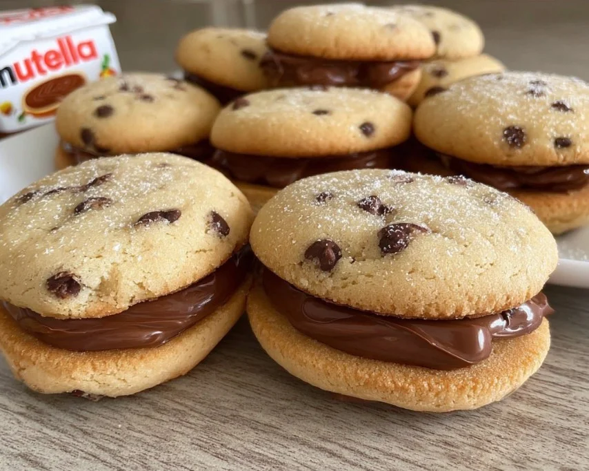 Nutella filled chocolate chip cookie sandwiches on a plate